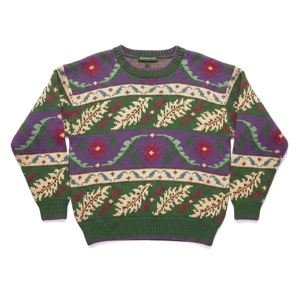 VTG Bushwacker 90s Floral Leaf Intarsia Knit Sweater Purple Green Linen Blend M